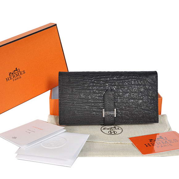 High Quality Hermes Bearn Japonaise Ostrich Leather BI-Fold Wallet H208 Black Fake